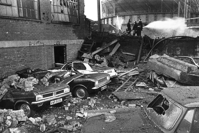 Wrecked cars after an explosion at the Effingham Street gas works, Sheffield -  October 1973