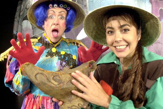 Dugggie Brown Widow Twanky and LInda Wells (Aladdin) in the Christmas Panto Aladdin in 2000