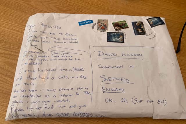 The package addressed to David Easson 'somewhere in Sheffield'