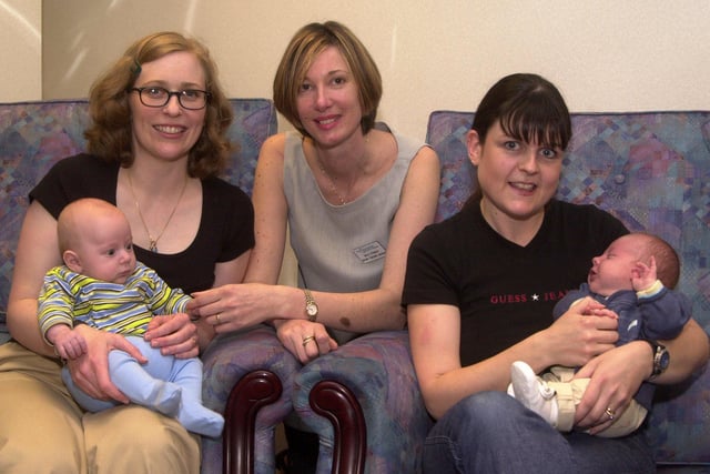 Pictured at Jessop Wing of the Hallamshire Hospital in 2002, where  LtoR are, Marica Brozicevich were seen with baby Thomas, Infant Feeding Advisor Sally Stanley, and Di Cole and baby Bailey.