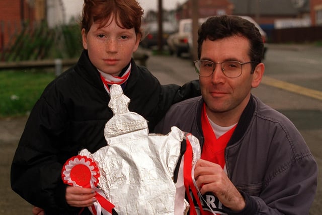 Blades fans with their home-made FA Cup before the Newcastle United semi-final in April 1998.