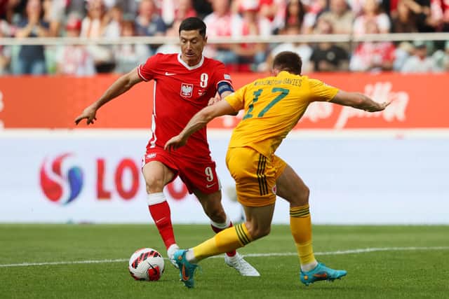Robert Lewandowski of Poland  is challenged by Rhys Norrington-Davies of Wales (Martin Rose/Getty Images)