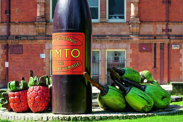 Here's a novel photo opportunity. Vimto was first created in 1908 in Manchester as Vim Tonic - the purple drink is commemorated by a monument carved in wood that takes the form of a giant bottle surrounded by coloured grapes, raspberries and blackcurrants. It can be found in 'Vimto Park' off Granby Row in Manchester city centre.