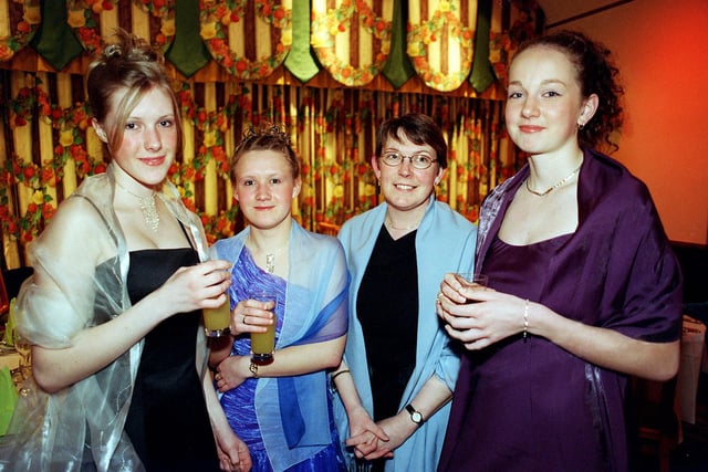 All Saints Catholic High School 6th Form Prom at Baldwins Omega. 
From left to right: Helena Wilkinson, Andrea Payne, Mrs Carolyn Siddall and Natalie Rodgers
May 2001
