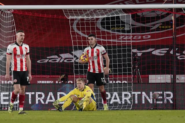 Aaron Ramsdale of Sheffield Utd looks on dejected after Manchester United'ss third goal during the Premier League match at Bramall Lane,  Andrew Yates/Sportimage