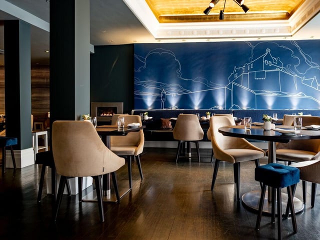 The fine dining venue presents modern British cuisine influenced by French cooking techniques, and has great Castle views.
