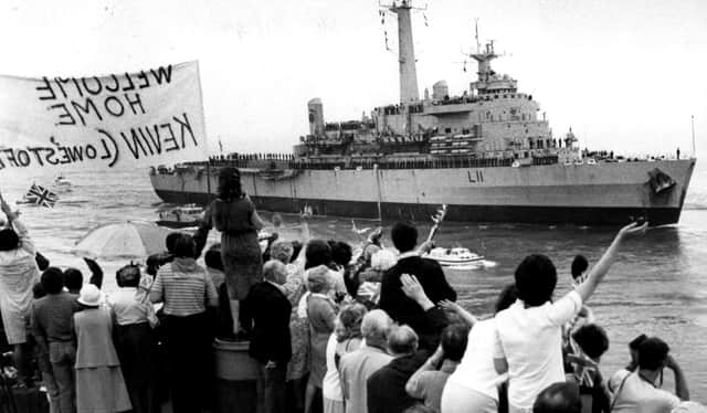 HMS Intrepid returns to Portsmouth from the Falklands in July 1982. The News PP691