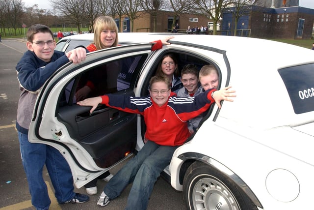These competition  winners were about to enjoy a ride in a stretch limo from Easington Community School 17 years ago. Is there someone you know in the picture?