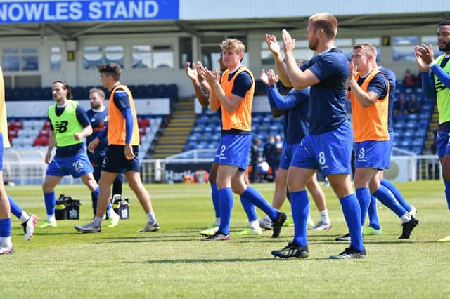 Hartlepool United players applaud their fans. Hartlepool United FC 4-0 Weymouth FC 29-05-2021. Picture by FRANK REID