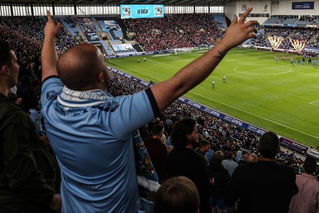 It's been a rocky road for Coventry fans who returned to their home at the Ricoh Arena this season but the over 18,500 Sky Blues in attendance on average are being rewarded with a stunning start to the season by Mark Robins' men.  (Photo by Marc Atkins/Getty Images)