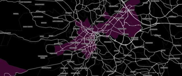 The interactive map of Covid cases in Sheffield, where black represents a rate of 1,600-plus new weekly cases per 100,000 people, and dark purple indicates a rate of 800-1,599 (pic: coronavirus.data.gov.uk/OpenMapTiles/OpenStreetMap)