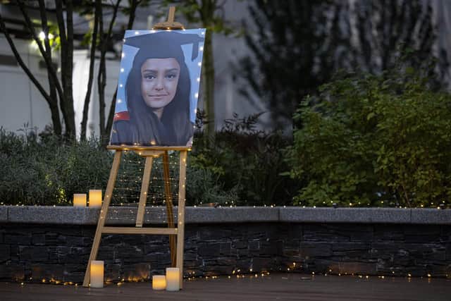 LONDON, UNITED KINGDOM â€“ SEPTEMBER 24: A photograph of Sabina Nessa displayed at a vigil in Pegler Square on September 24, 2021 in London, England. Sabina Nessa, a 28-year-old primary school teacher, was found dead in Cator Park in Kidbrooke, south-east London by a member of the public on Saturday 18 September. She was on her way to meet someone and just five minutes from home. Police have arrested a 38-year-old man in connection with the killing. (Photo by Rob Pinney/Getty Images)