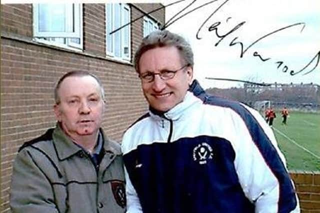 Ken Webster meeting Sheffield United manager Neil Warnock at the Blades' Shirecliffe training ground in 2003