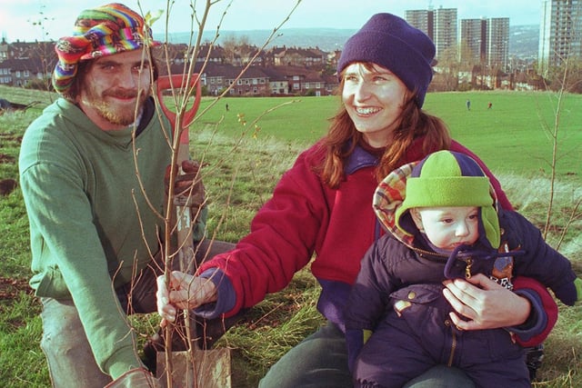 Tim Shortland from Roots'n'Shoots tree planting in Arbourthorne in 1999 with Karen Davies and Ellis Masser.