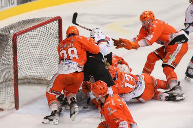Scrum down in the crease during Sheffield Steelers v Belfast Giants