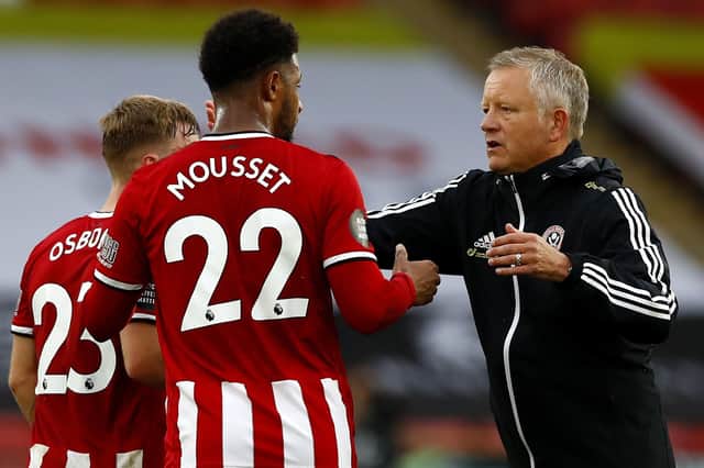 Sheffield United manager Chris Wilder (right) and Lys Mousset react after the Premier League match at Bramall Lane: Jason Cairnduff/NMC Pool/PA Wire.