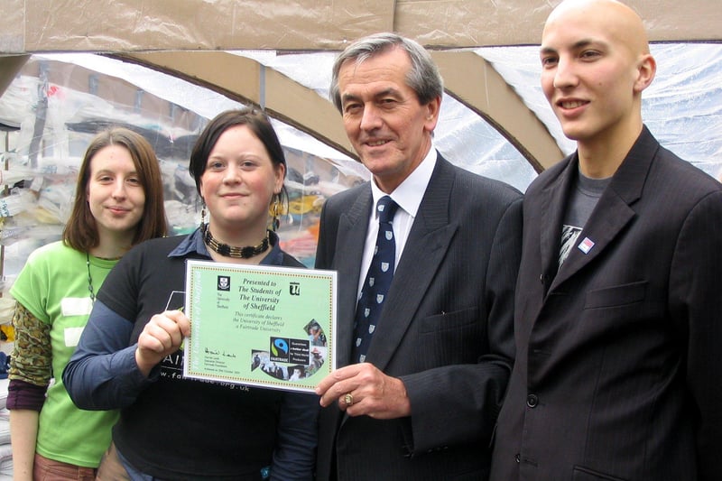 Fairtrade status received by Professor Boucher and Jamie Bristow at Sheffield University in 2004