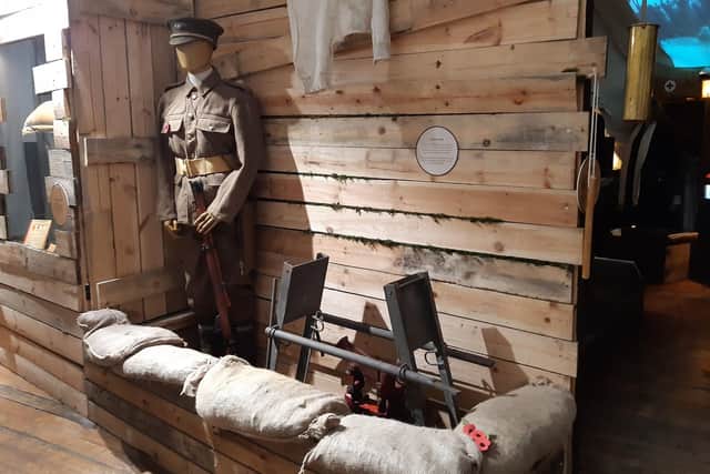 Part of a recreation of a World War One trench and dugout at the exhibition For King and Country at the National Emergency Services Museum in Sheffield