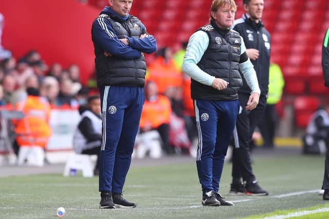 Paul Heckingbottom, the Sheffield United manager, with his assistant Stuart McCall: Simon Bellis / Sportimage