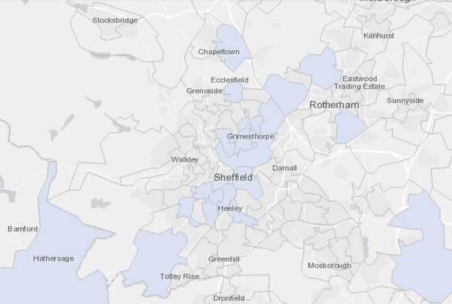New coronavirus cases in Sheffield. The areas in blue had at least three confirmed cases of Covid-19 during the week ending on August 30 (pic: Public Health England)