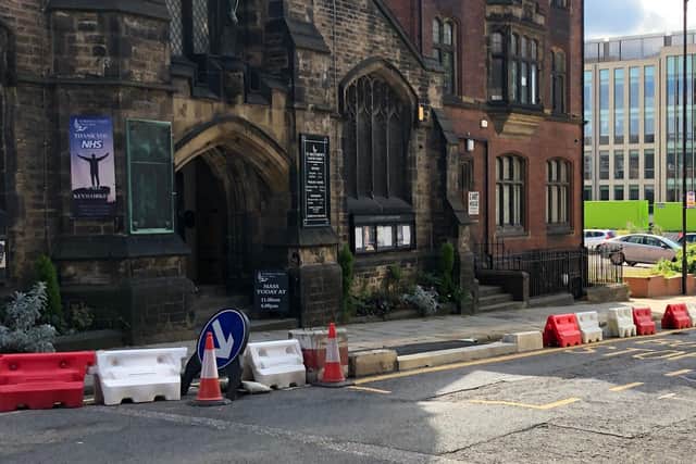 The temporary bus stop is still in place outside St Matthew's Church, on Carver Street, two days before a funeral is scheduled to take place