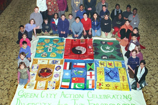 Burngreave schoolchildren with the Green City Environmental banner they have produced at the Town hall where they brought it to show to the Lord Mayor and Lady Mayoress in 2000