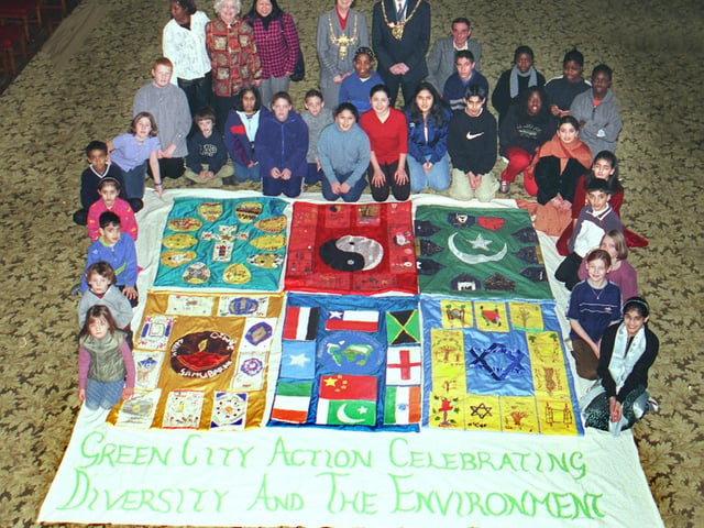 Burngreave schoolchildren with the Green City Environmental banner they have produced at the Town hall where they brought it to show to the Lord Mayor and Lady Mayoress in 2000