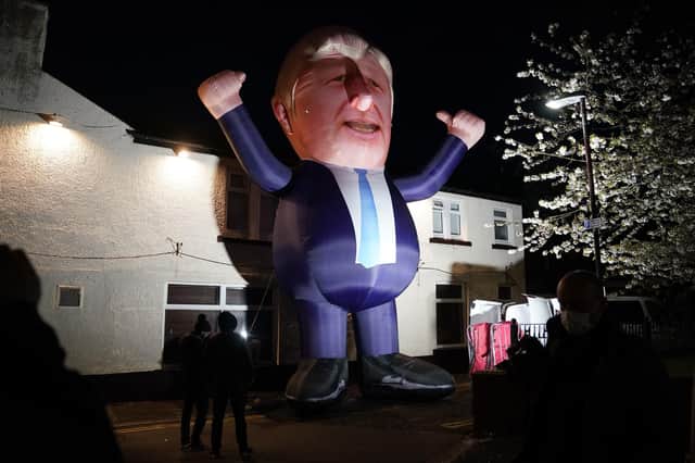 A 30ft inflatable Boris Johnson mysteriously appeared outside the Mill House Leisure Centre, in Hartlepool, while votes were still counted.