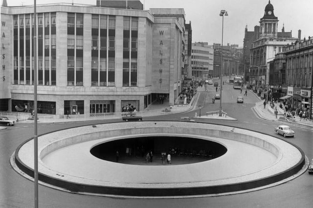 circa 1965:  A roundabout junction in Sheffield with a pedestrian concourse running beneath it. The site is known locally as 'the Hole in the Road'.  (Photo by Fox Photos/Getty Images)