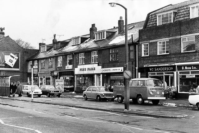 The Fine Fare supermarket and other shops at Crosspool pictured in March 1974