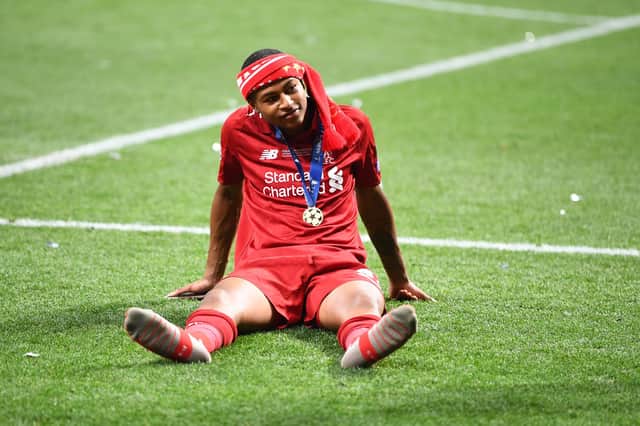 Rhian Brewster of Liverpool reacts after his side won during the UEFA Champions League in 2019. (Photo by Michael Regan/Getty Images)