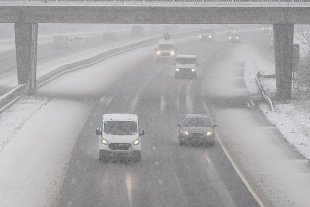 Snow scenes on the M1 in North Sheffield.