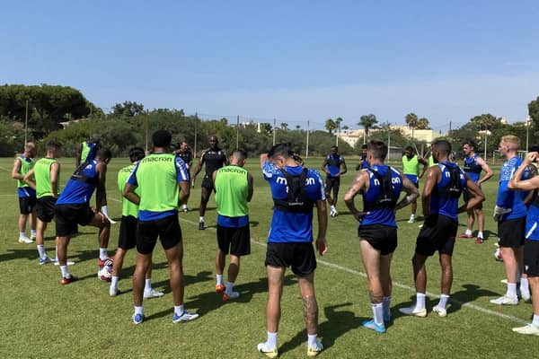 Darren Moore talks to his Sheffield Wednesday players during their pre-season camp in Portugal. Picture: @SWFC