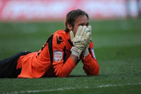 Steve Simonsen reacts after his penalty miss in the 2012 League One play-off final at Wembley: © BLADES SPORTS PHOTOGRAPHY