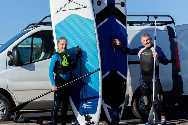 Sandy Atkins and Martin Foster out for their daily exercise, paddle boarding in Southsea. Picture: Habibur Rahman