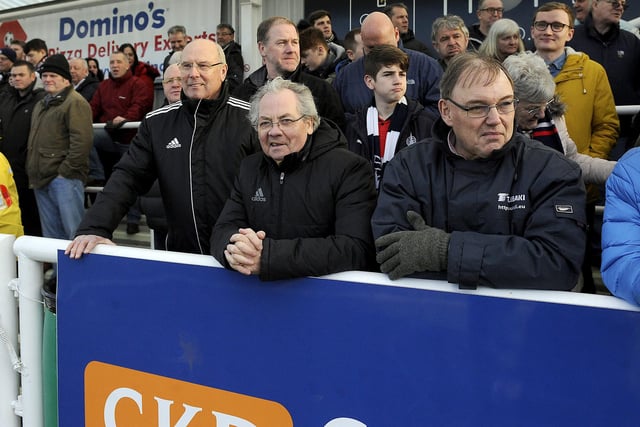 Falkirk fans including Alex Totten and Ronnie Bateman watching their team play Cove Rangers at Inverurie in 2018. Photo: Michael Gillen