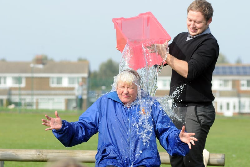 Fellgate Primary School headteacher Carol Wilson doing the ice bucket challenge for the ALS charity. Remember this from 7 years ago?