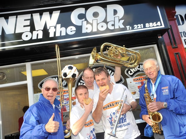 The Pukka Pies-sponsored England Band outside New Cod On The Block at Commonside, Sheffield. It's been open for more than a decade now but this chippy at Commonside must have one of the best shop names in Sheffield - plus its food has an excellent reputation.