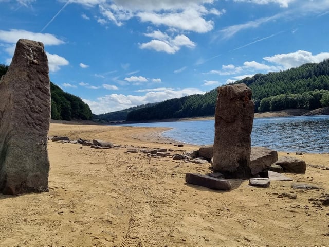 It's hard to tell what these columns, usually hidden beneath the surface of Ladybower Reservoir, used to be.