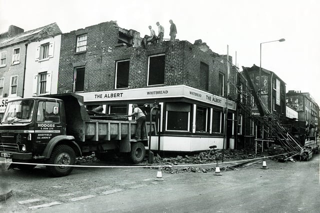 Demolition work underway at the Albert Pub, on the corner of Division Street and Cambridge Street, Sheffield, November 10, 1978