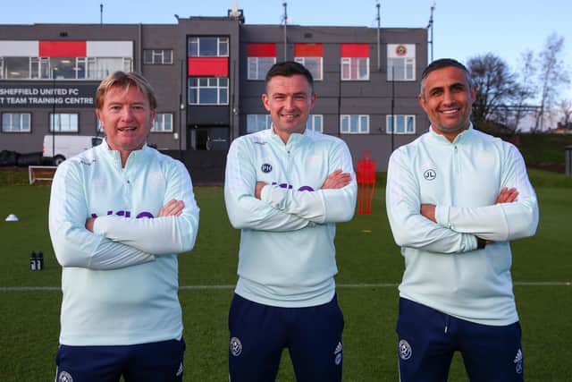 Stuart McCall, Paul Heckinbottom and Jack Lester at Sheffield United's training complex, before the manager's positive test Simon Bellis/Sportimage
