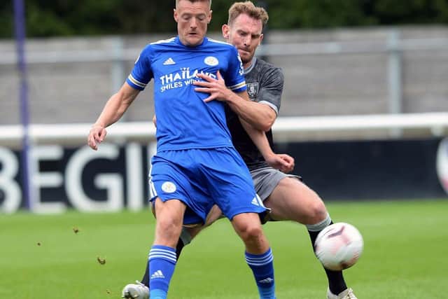 Sheffield Wednesday's Tom Lees gets to grips with Jamie Vardy in Saturday's pre-season friendly against Leicester City. SWFC/Steve Ellis