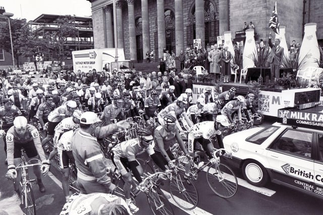 The start of the next stage of the Milk Race left Barkers Pool on May 22, 1987.  Our picture shows riders at the start line with the Lord Mayor, Coun Peter Hall, ready with the flag on the dias
