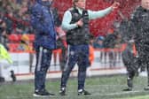 Paul Heckingbottom and Stuart McCall direct the players  during the Sky Bet Championship match at Bramall Lane against Bristol City: Simon Bellis / Sportimage