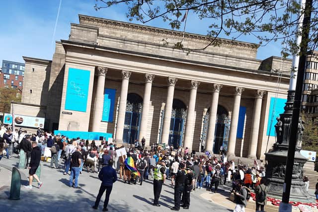 Transgender rally on the steps of Sheffield City Hall. The rally was calling for a ban on conversion therapy on transgender people