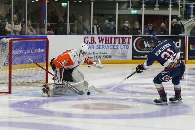 Sheffield Steelers' Rok Stojanovic in the heat of battle at Dundee. Picture: Derek Black