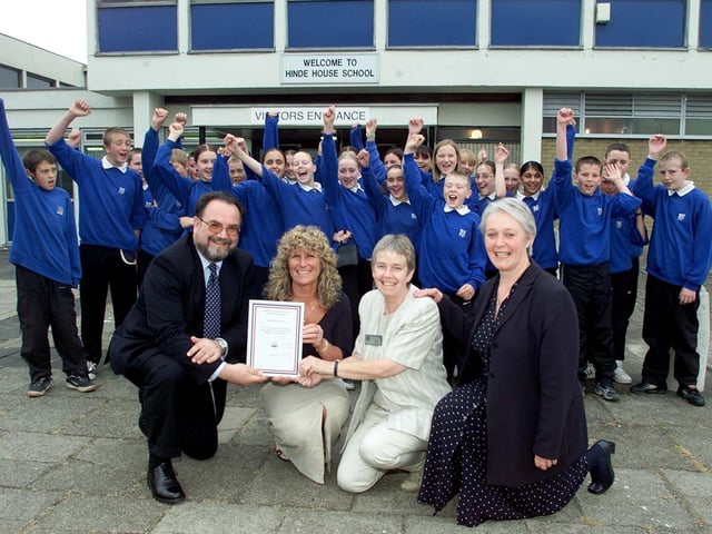 Jim Reid, Bo Robshaw (careers advisor at Hinde House), Helen Reid and headteacher Sarah Draper at Hinde House School, Sheffield, in 2002. They were celebrating after the school was given a top award for the work it has done to prepare pupils for life in the outside world.