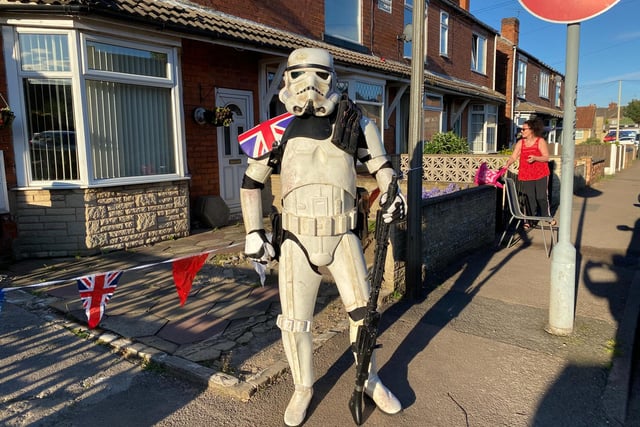Shane Darby turned up as a storm trooper to this garden party in Bolsover.