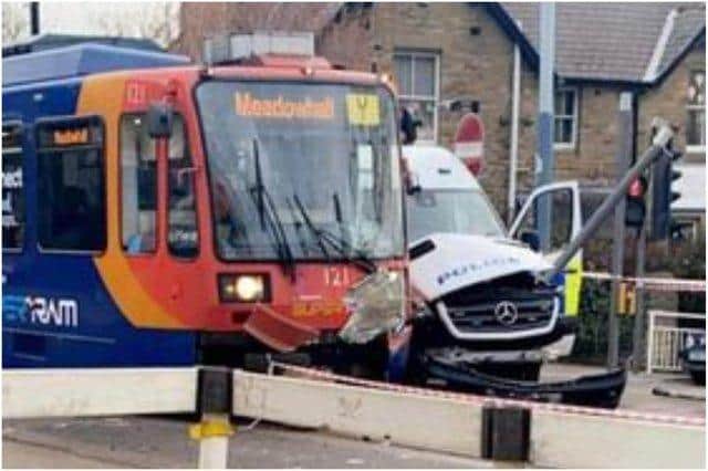 The marked police van was driving on blue lights with its emergency sirens on when it collided with a SuperTram at Hillsborough junction on April 11, 2022