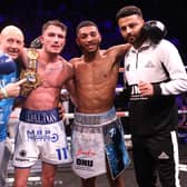 Dalton Smith (second left) celebrates victory against Kaisee Benjamin (second right) in the BBBofC British Super Light-weight bout at the AO Arena, Manchester: Ian Hodgson/PA Wire.